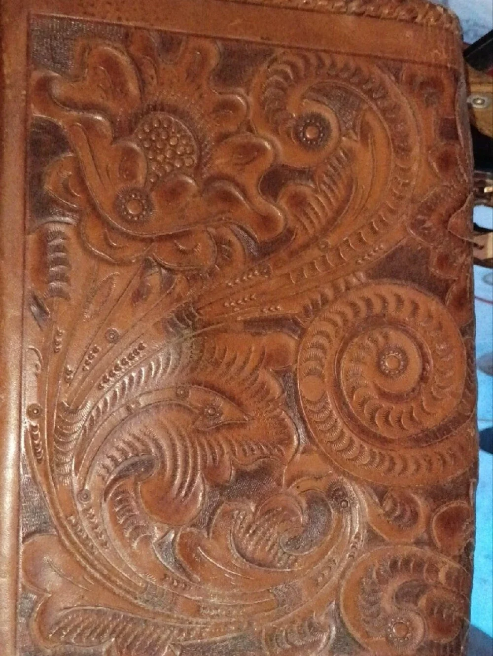Hand-Tooled Brown Leather Crossbody Bag